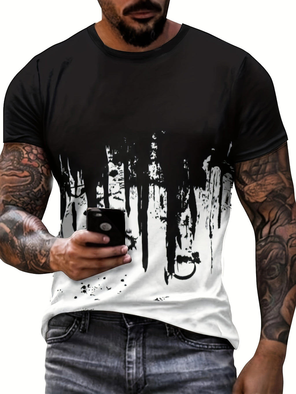 T-shirt ras du cou imprimé éclaboussures de peinture pour homme, design graphique, décontracté et confortable pour l'été, idéal pour l'entraînement quotidien en salle de sport ou la course à pied.