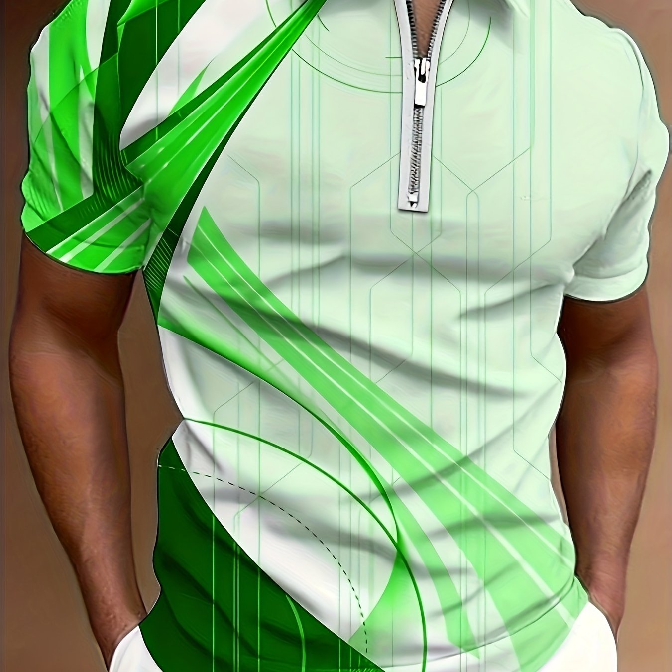 Chemise à manches courtes pour homme, motif géométrique, fermeture éclair, décontractée, confortable et polyvalente, chemise de golf, chemise de tennis, vêtements pour homme