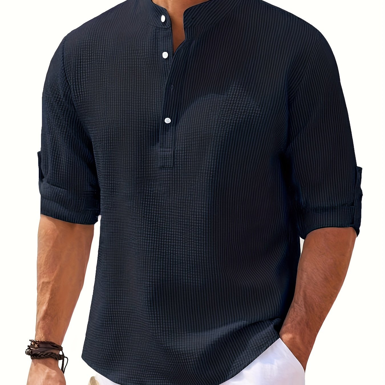 Chemise à revers unie, chemise décontractée à manches longues et col en V pour homme, pour le printemps et l'automne, vêtements pour hommes