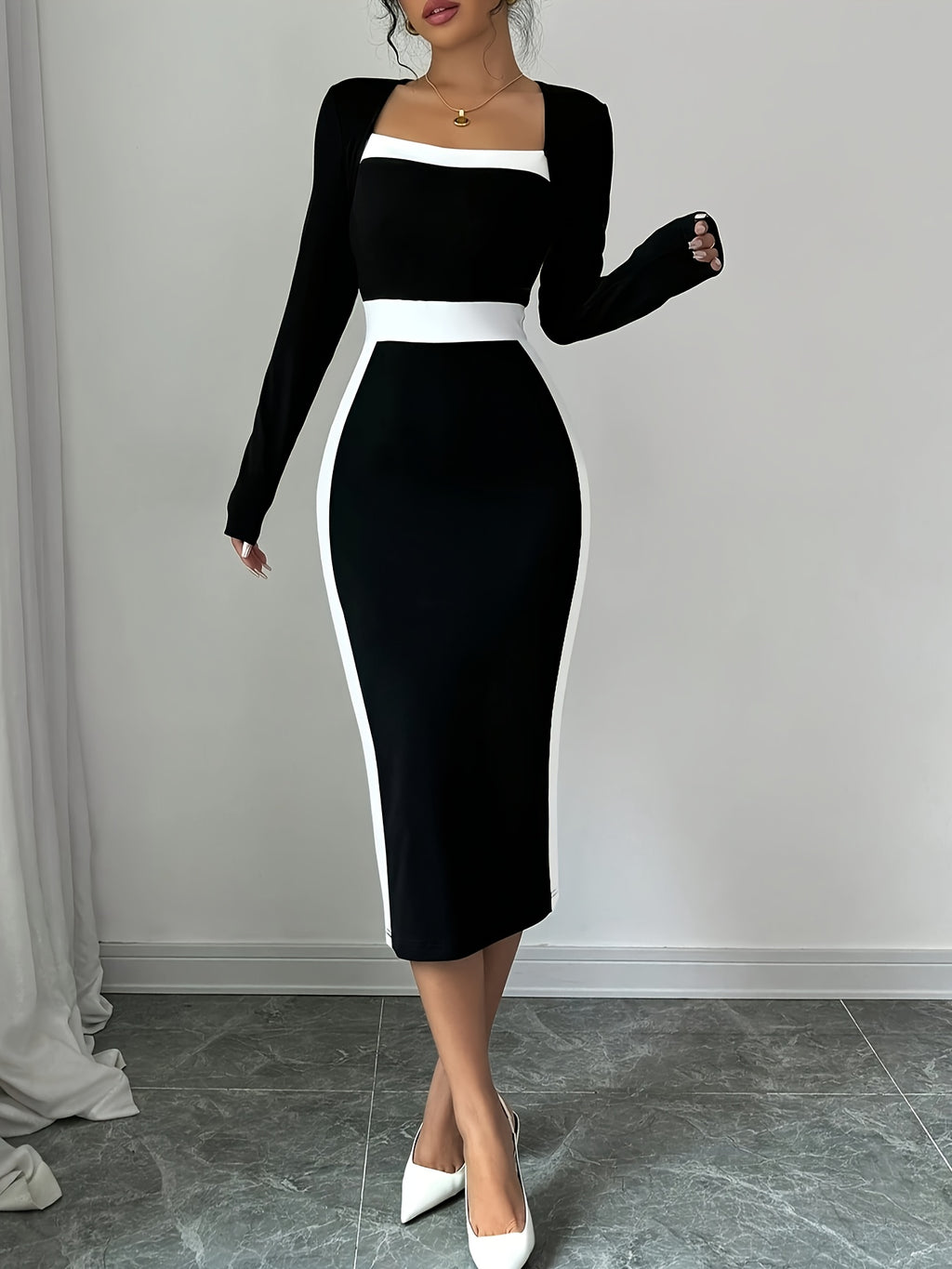 Robe mi-longue à imprimé color-block pour femme, col en V, manches longues, coupe ajustée et élégante, robe asymétrique sexy de couleur assortie.