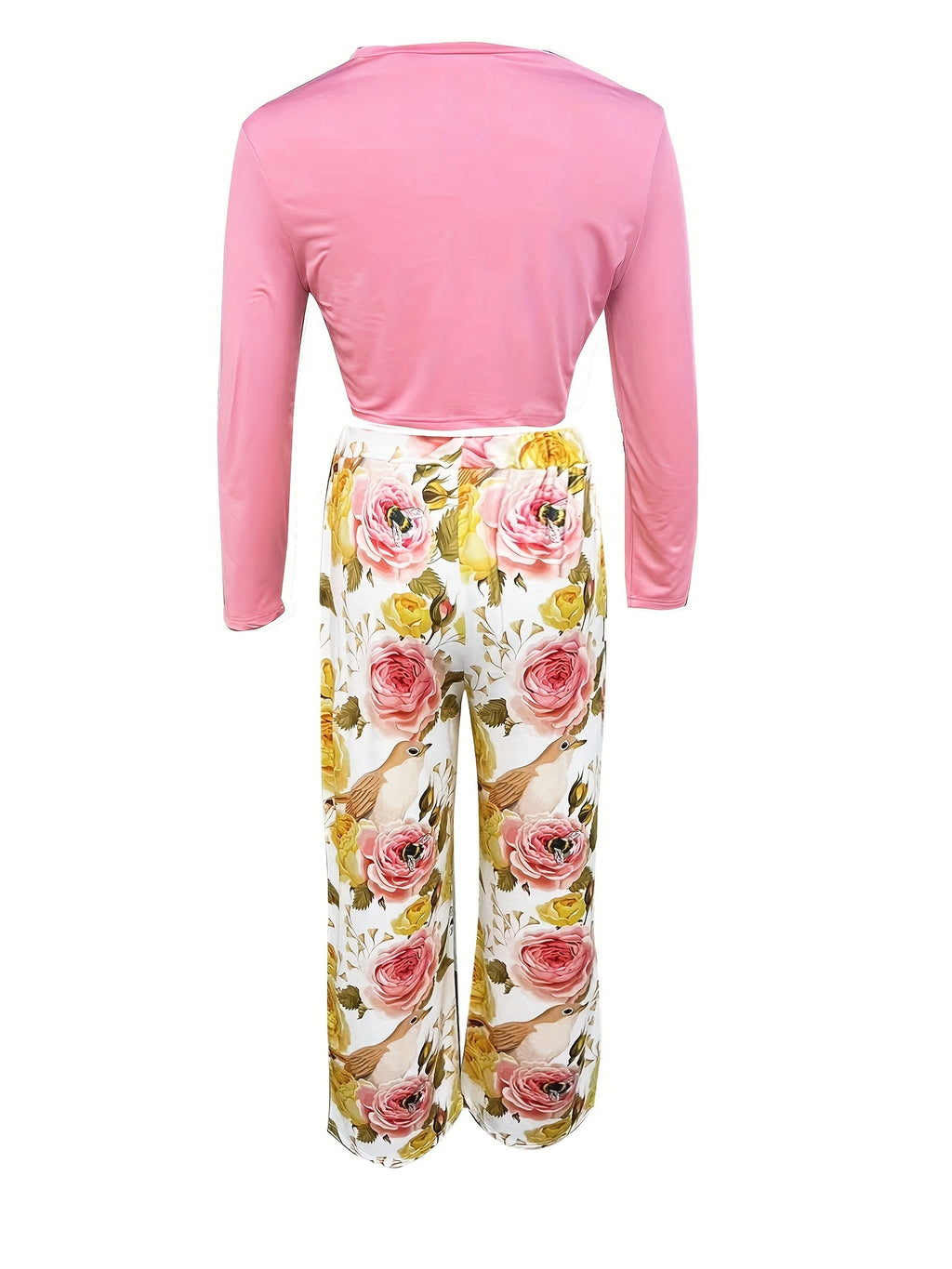 Ensemble deux pièces décontracté printemps-automne, haut uni à manches longues et pantalon large à imprimé floral, vêtements pour femmes