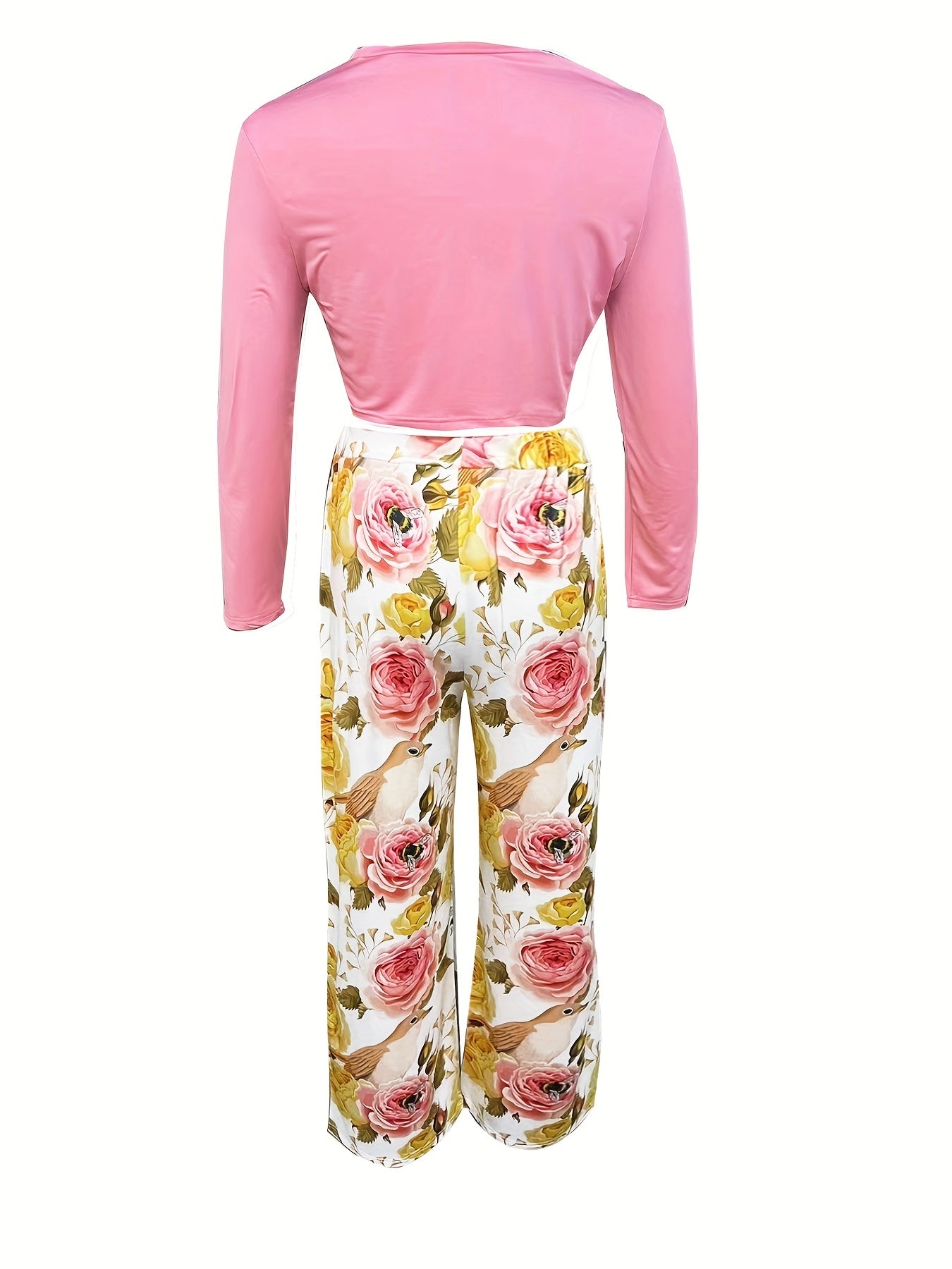 Ensemble deux pièces décontracté printemps-automne, haut uni à manches longues et pantalon large à imprimé floral, vêtements pour femmes