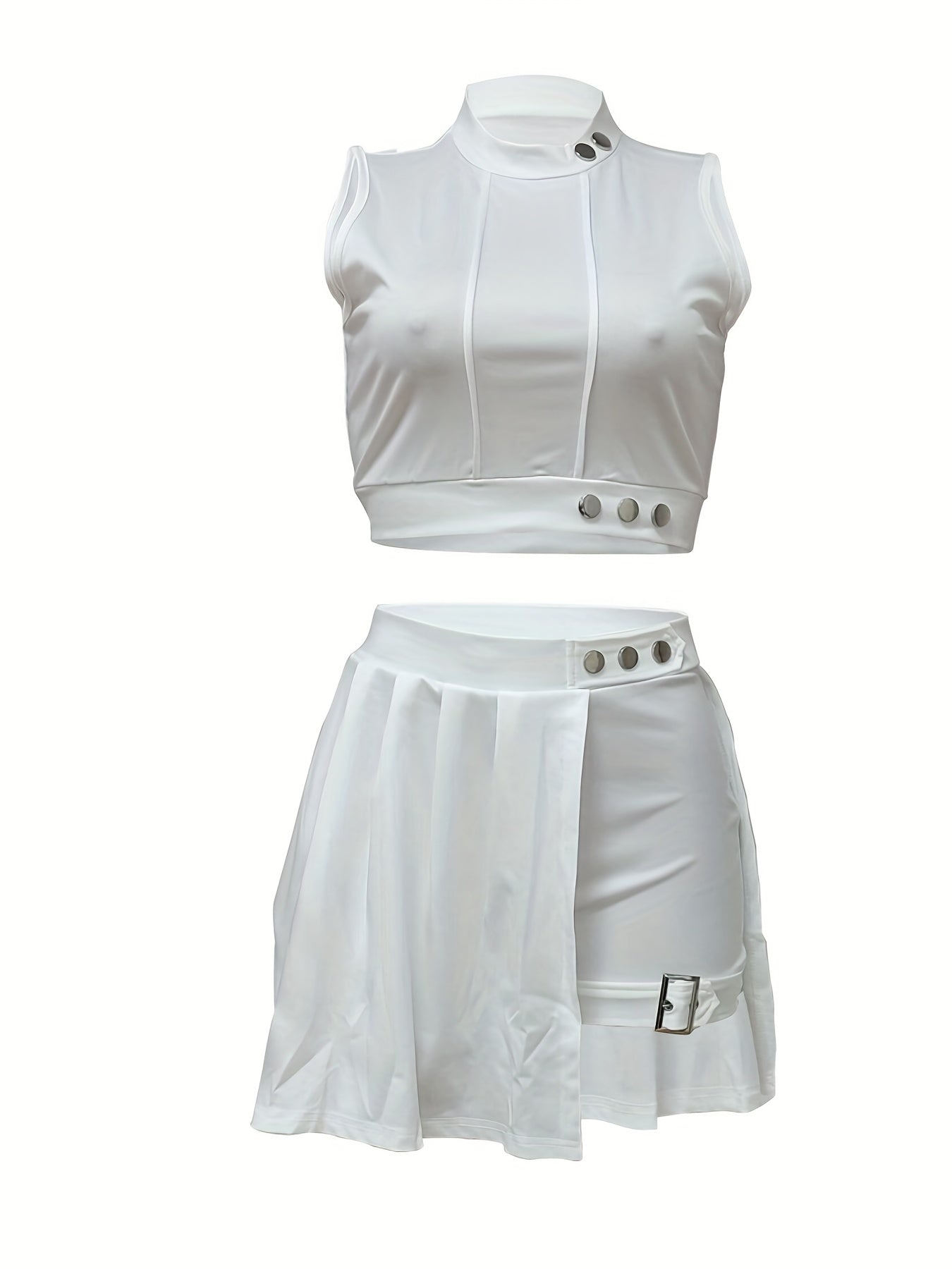 Ensemble deux pièces sexy à boutons, débardeur court à col montant et jupe taille haute, vêtements pour femmes