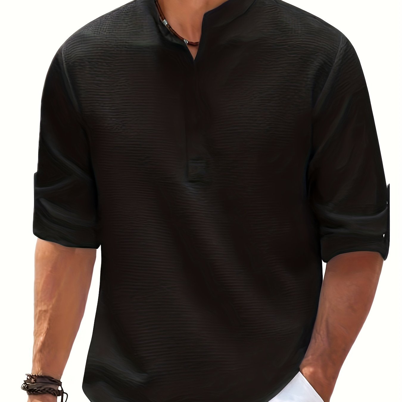 Chemise à revers unie, chemise décontractée à manches longues et col en V pour homme, pour le printemps et l'automne, vêtements pour hommes