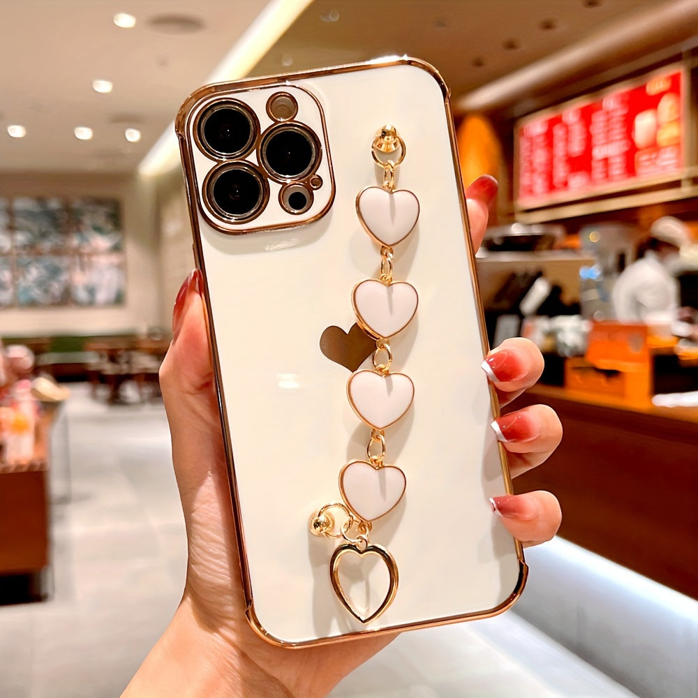 Étui de protection complet en TPU pour iPhone 15/14/13/12/11 Pro Max avec bracelet en forme de cœur et dragonne - Élégant et durable