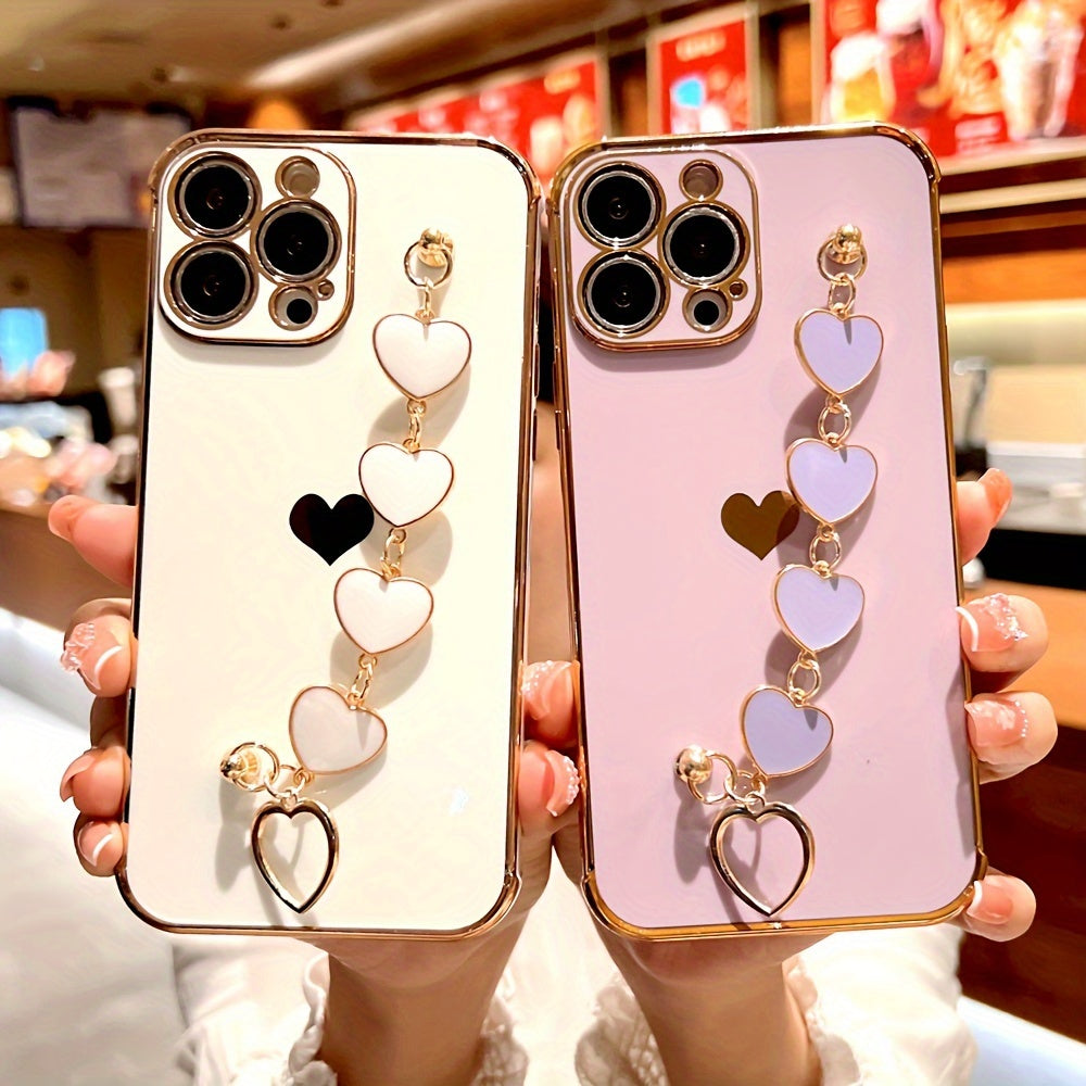 Étui de protection complet en TPU pour iPhone 15/14/13/12/11 Pro Max avec bracelet en forme de cœur et dragonne - Élégant et durable