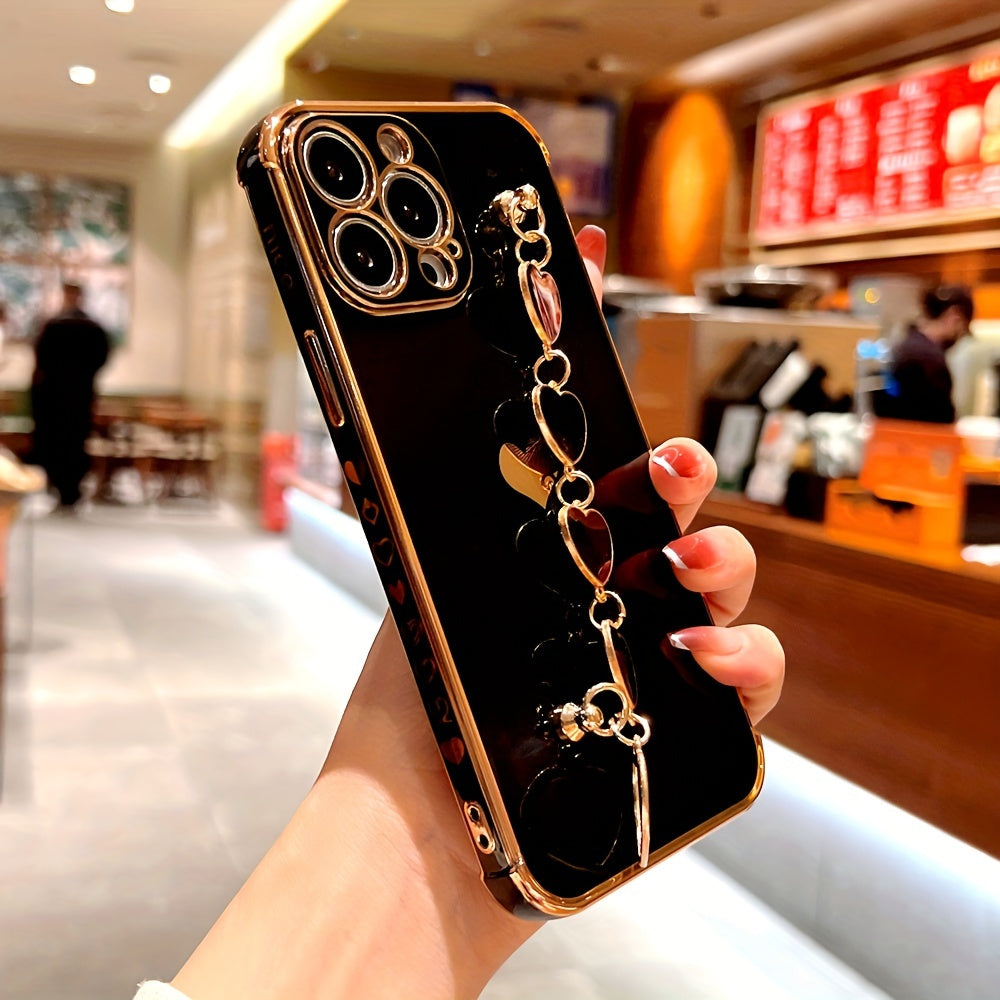 Étui de protection complet en TPU pour iPhone 15/14/13/12/11 Pro Max avec bracelet en forme de cœur et dragonne - Élégant et durable