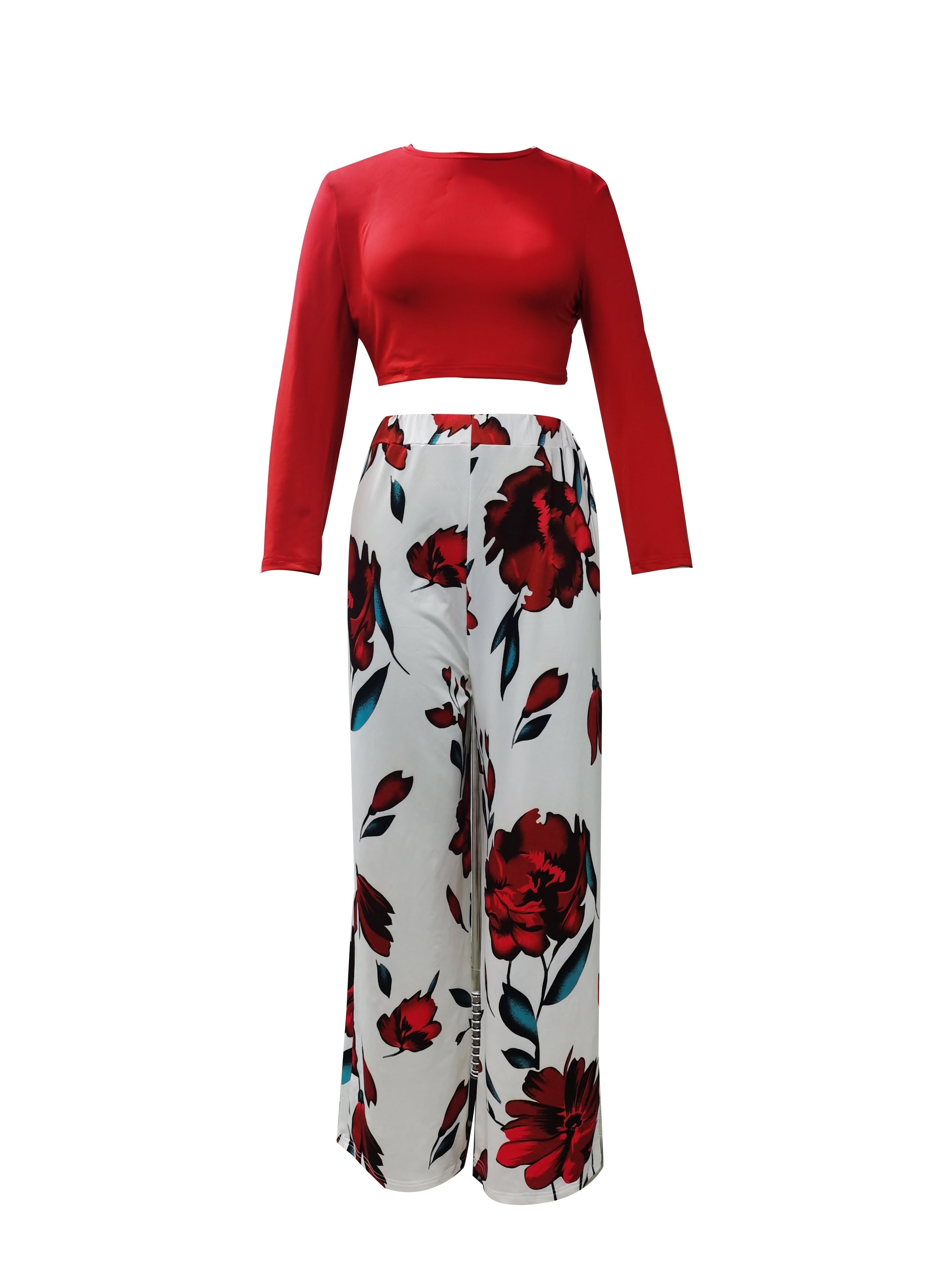 Ensemble deux pièces décontracté printemps-automne, haut uni à manches longues et pantalon large à imprimé floral, vêtements pour femmes