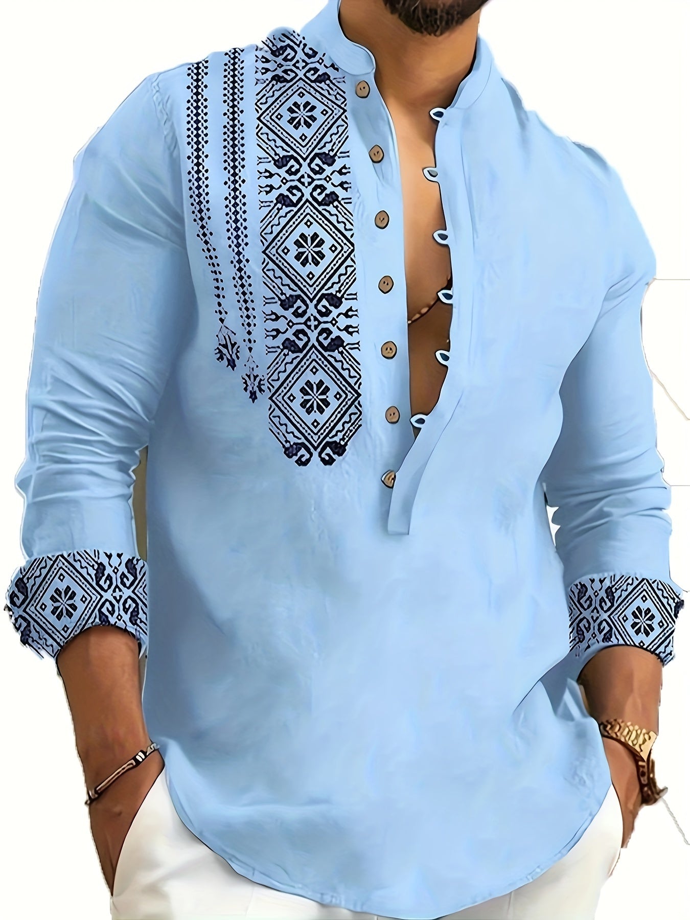 Chemises Henley à manches longues pour hommes, style ethnique, tendance, motifs géométriques, confortables, respirantes, décontractées et légèrement extensibles. Vêtements pour hommes