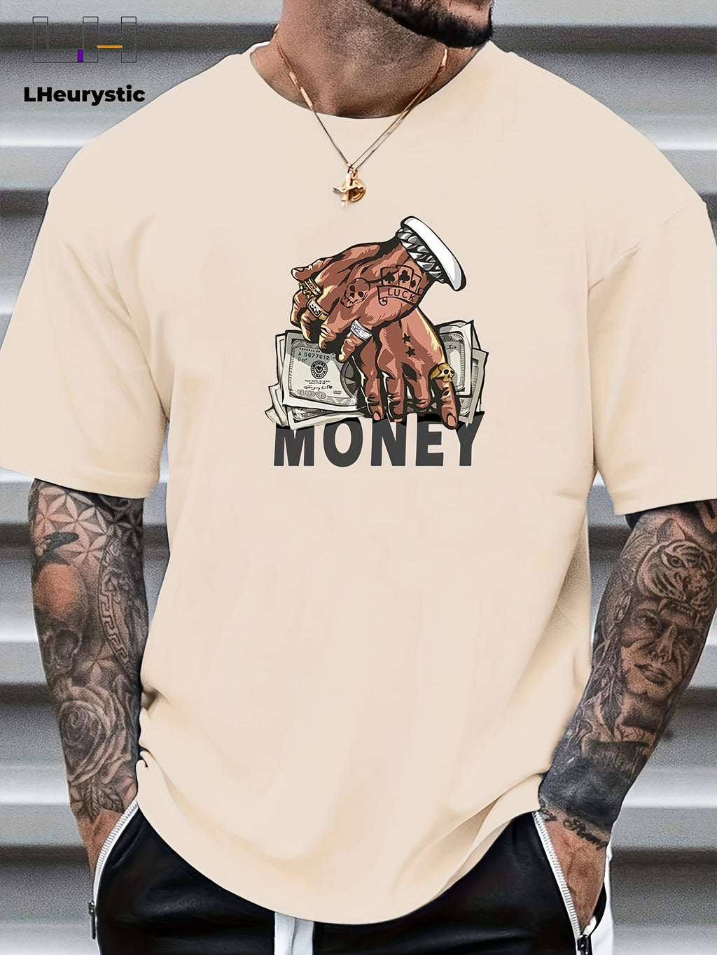 T-shirt col rond pour homme, imprimé dessin animé, motif argent et mains, style niche, décontracté et confortable, idéal pour l'été, idéal pour les vacances au quotidien.