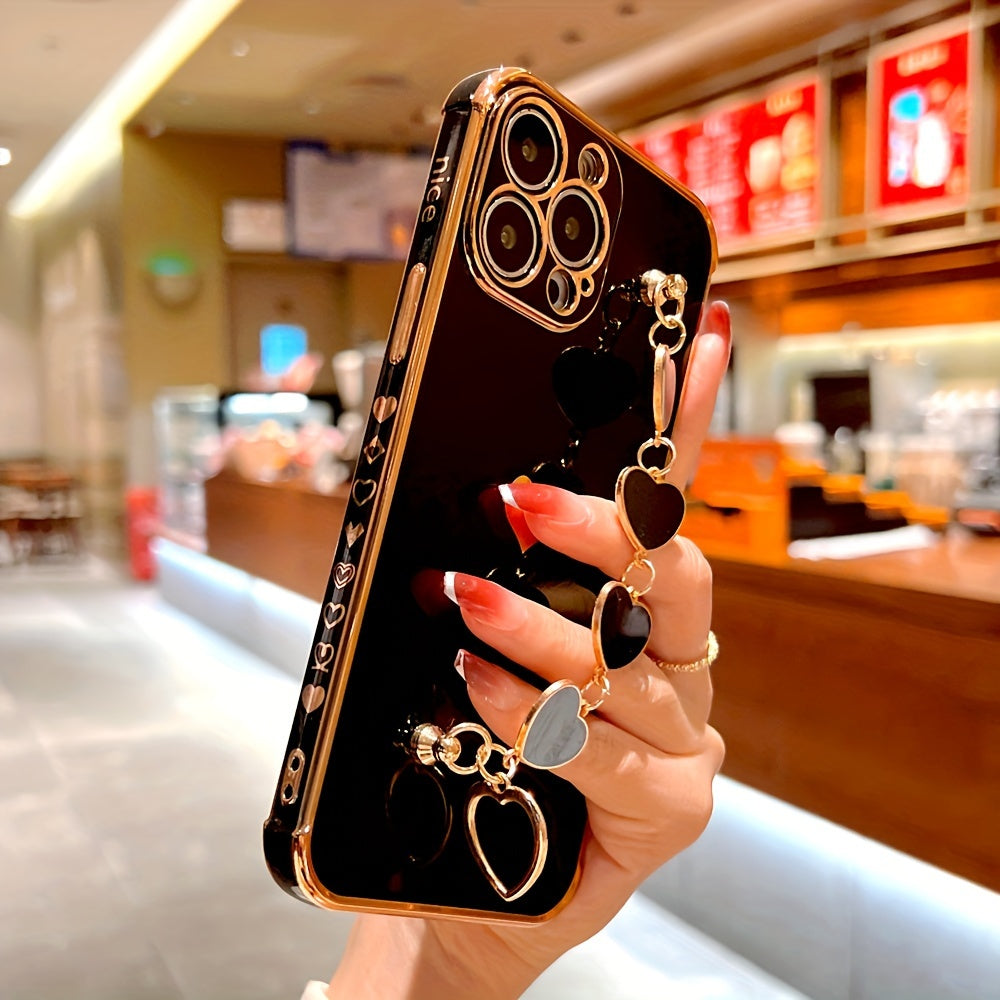 Étui de protection complet en TPU pour iPhone 15/14/13/12/11 Pro Max avec bracelet en forme de cœur et dragonne - Élégant et durable