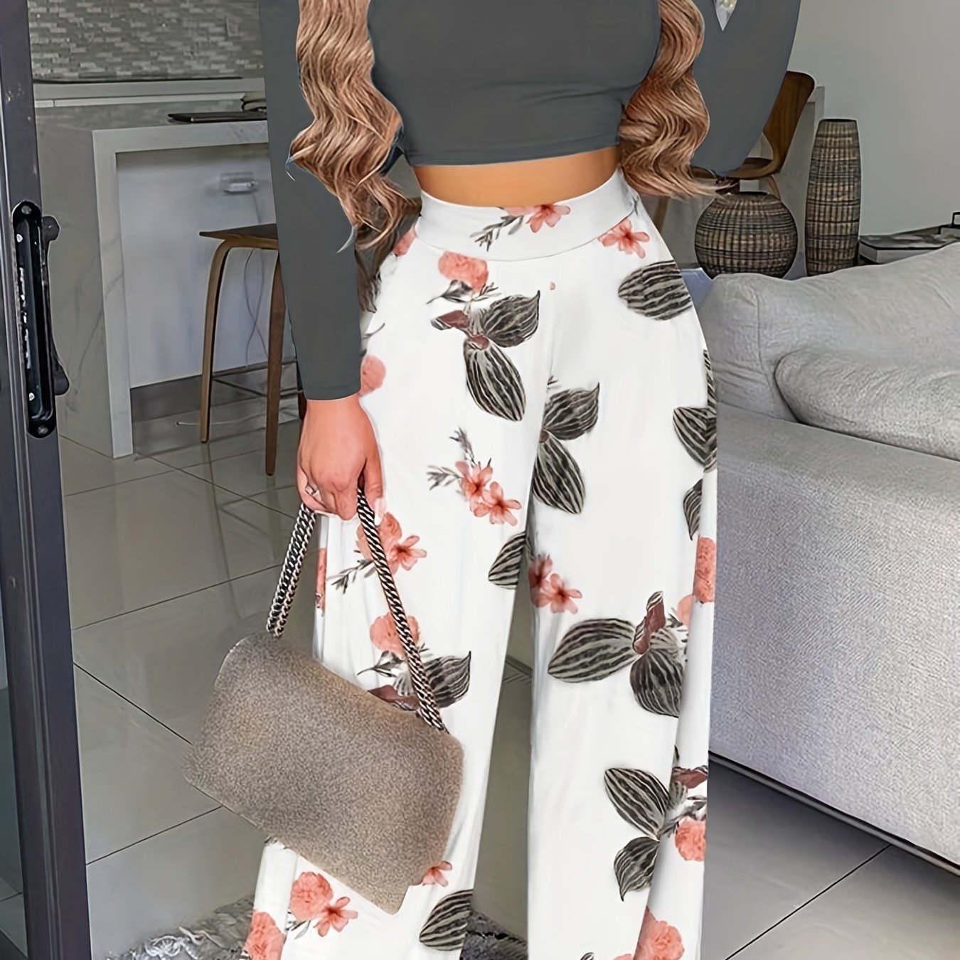 Ensemble deux pièces décontracté printemps-automne, haut uni à manches longues et pantalon large à imprimé floral, vêtements pour femmes