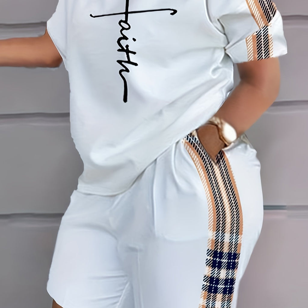 Ensemble deux pièces à carreaux, haut à manches courtes et short de sport à poches, imprimé Faith, vêtements pour femme