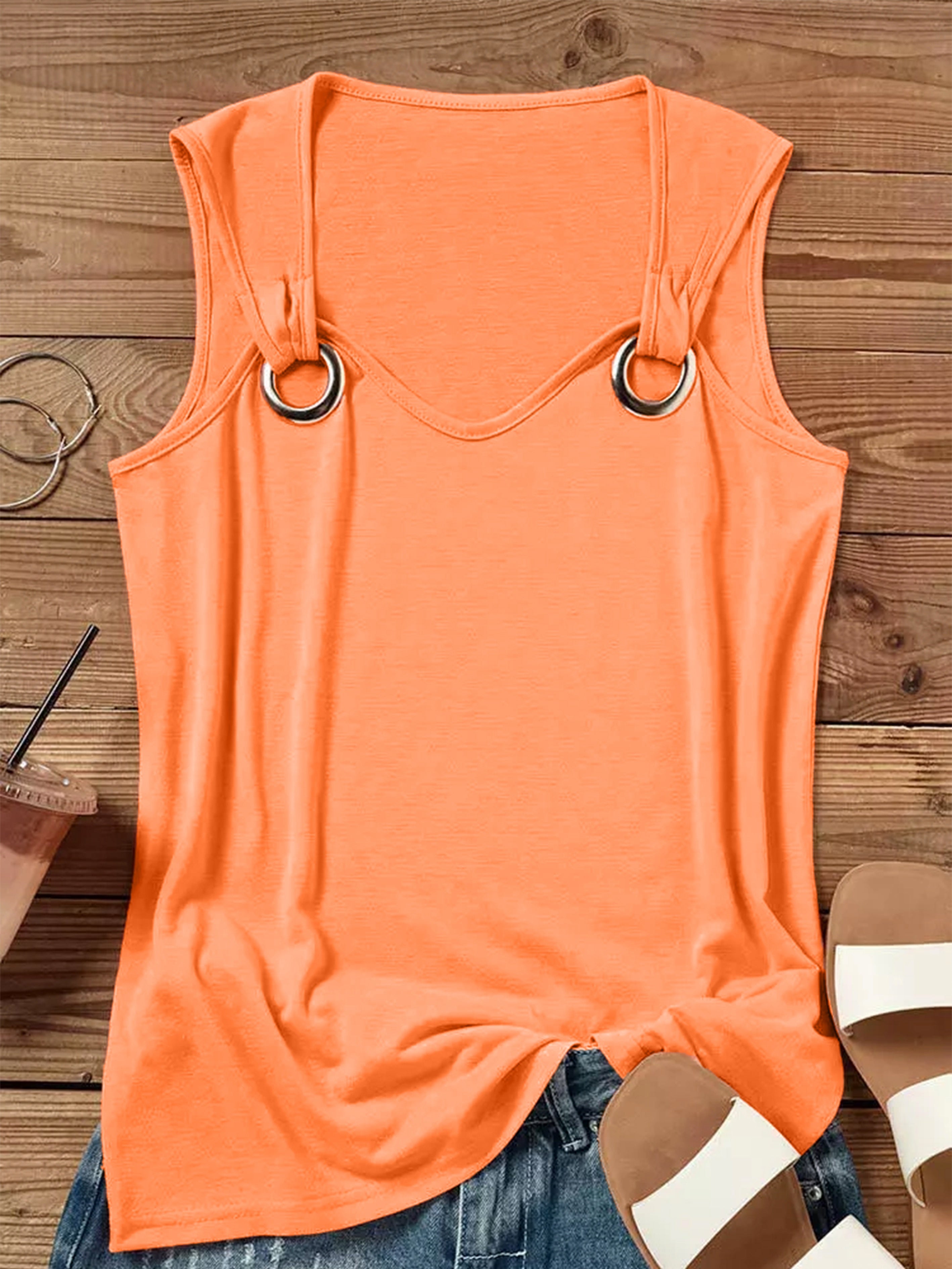 Débardeur uni à anneaux, haut décontracté sans manches à col ras du cou pour l'été, vêtements pour femmes