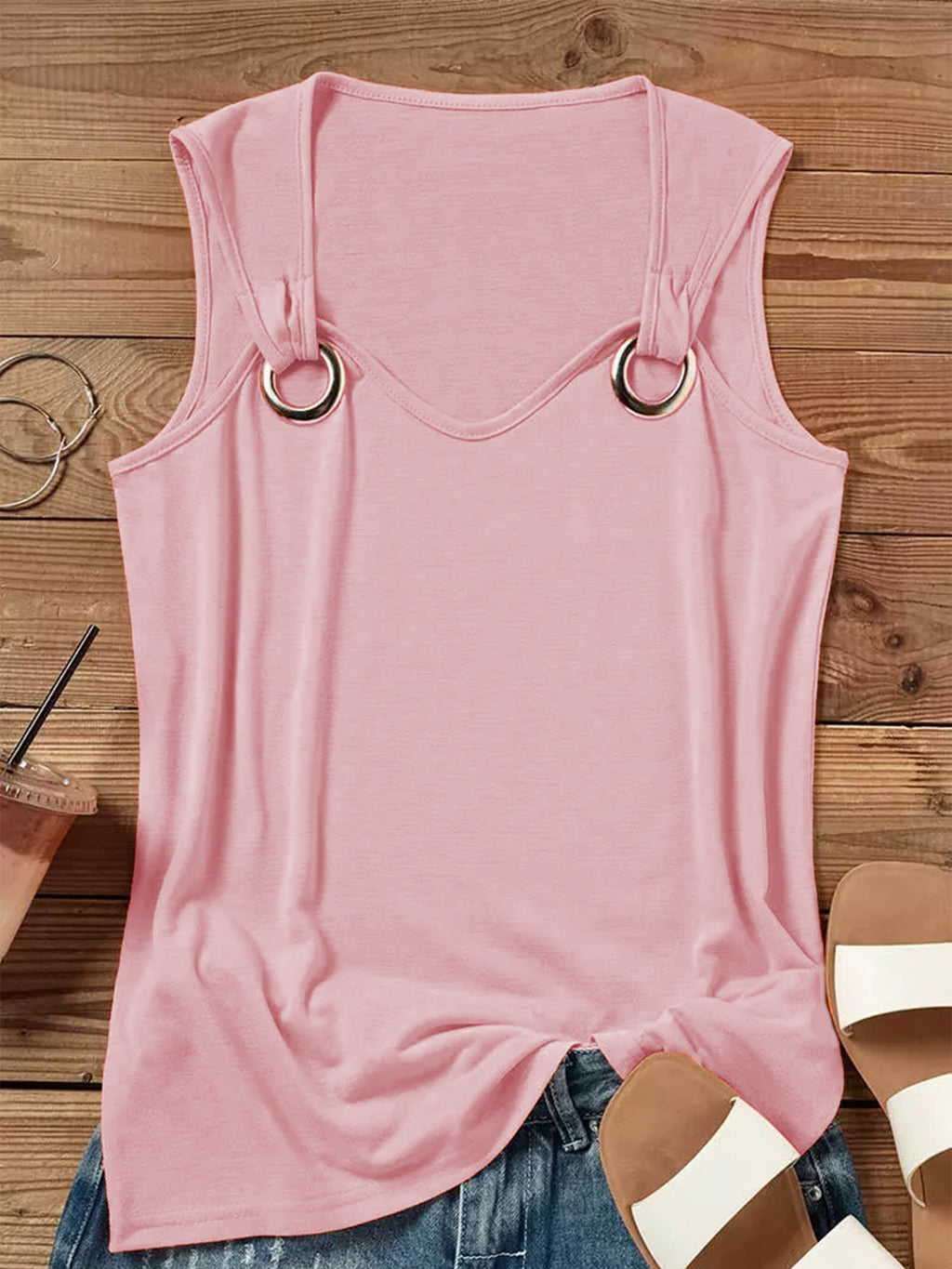 Débardeur uni à anneaux, haut décontracté sans manches à col ras du cou pour l'été, vêtements pour femmes