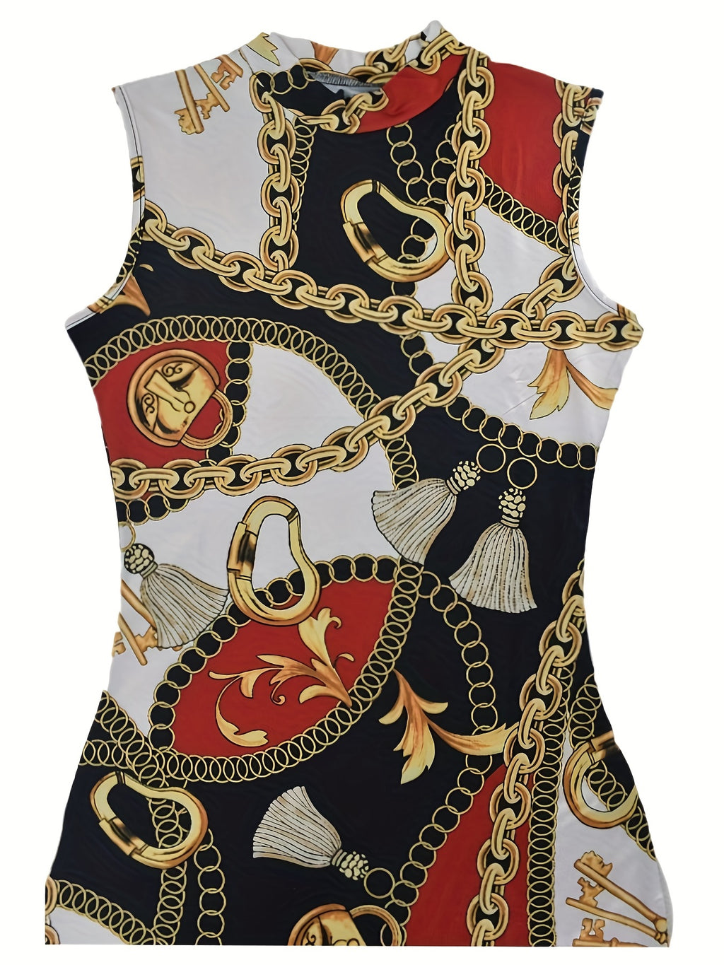 Robe débardeur à imprimé chaîne, décontractée, col ras du cou, slim, sans manches, sac, hanche, imprimé aléatoire, vêtements pour femmes