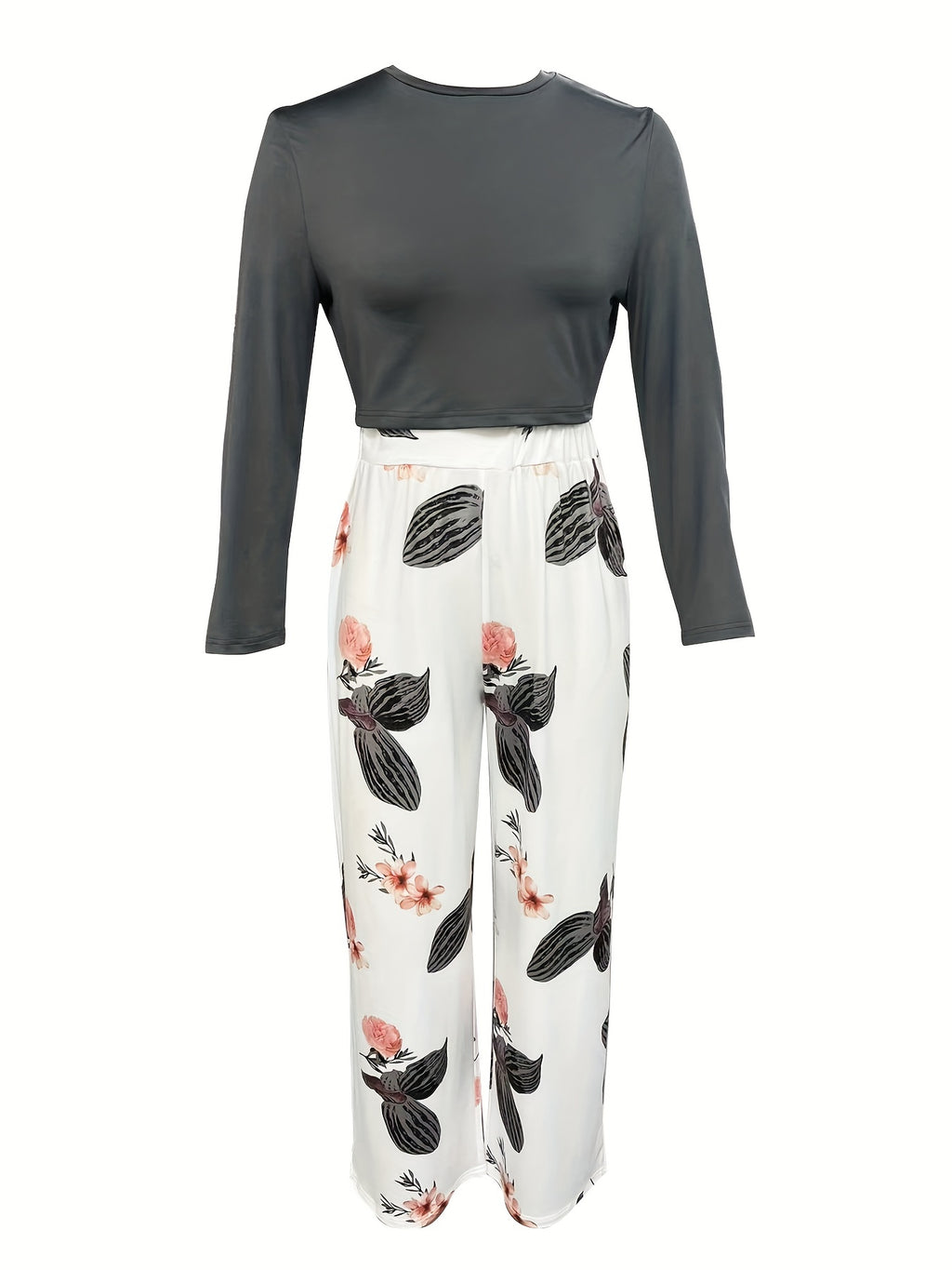 Ensemble deux pièces décontracté printemps-automne, haut uni à manches longues et pantalon large à imprimé floral, vêtements pour femmes