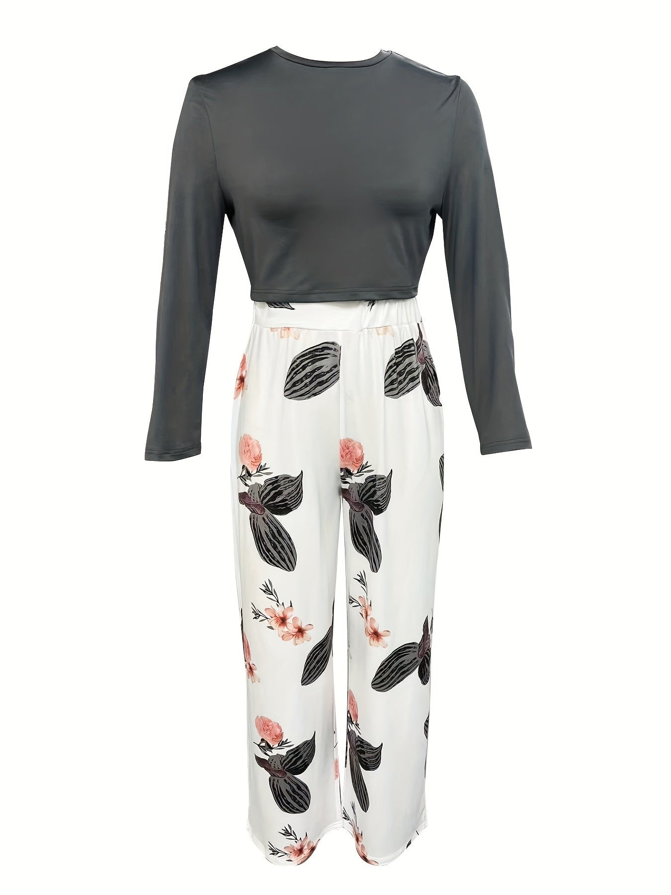 Ensemble deux pièces décontracté printemps-automne, haut uni à manches longues et pantalon large à imprimé floral, vêtements pour femmes