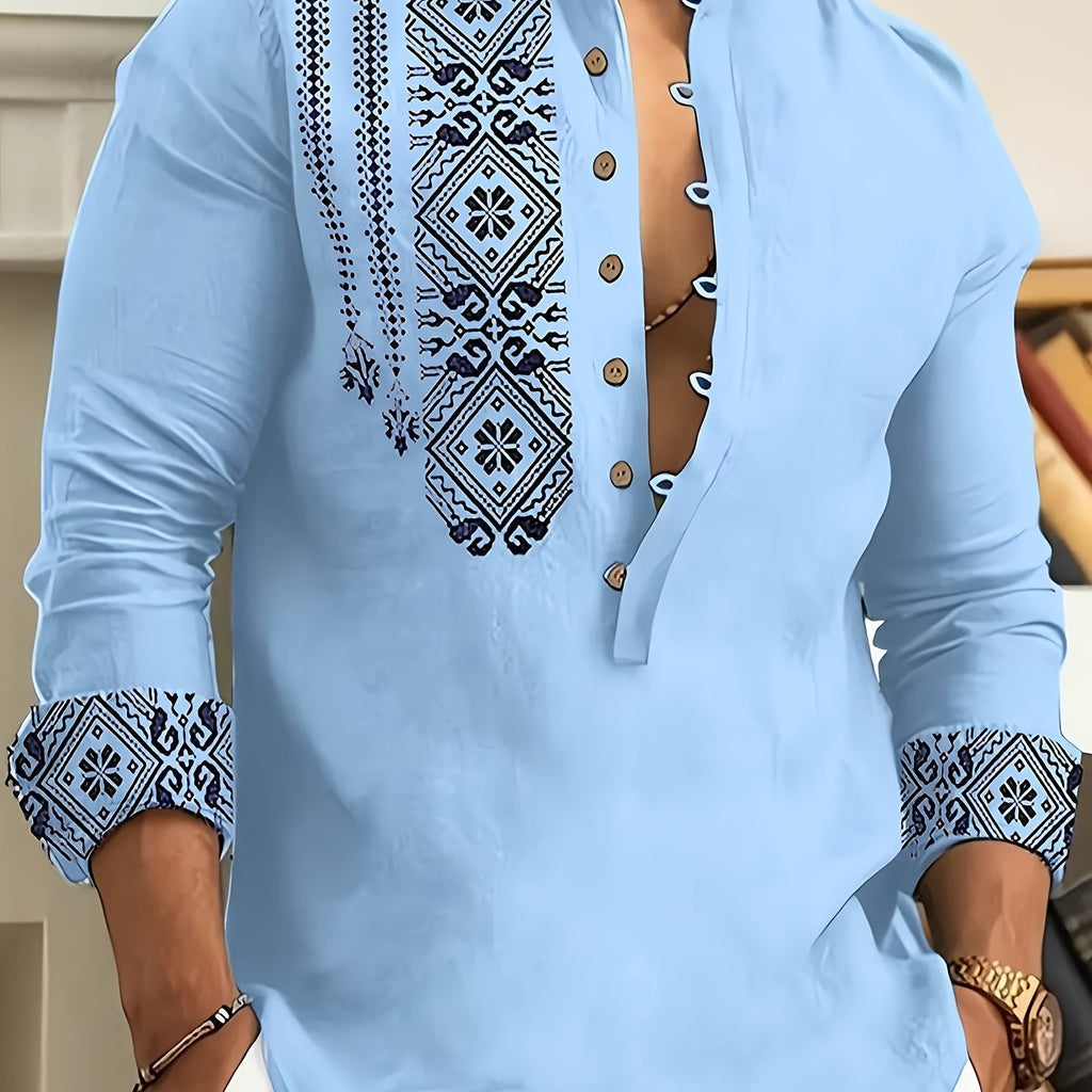 Chemises Henley à manches longues pour hommes, style ethnique, tendance, motifs géométriques, confortables, respirantes, décontractées et légèrement extensibles. Vêtements pour hommes