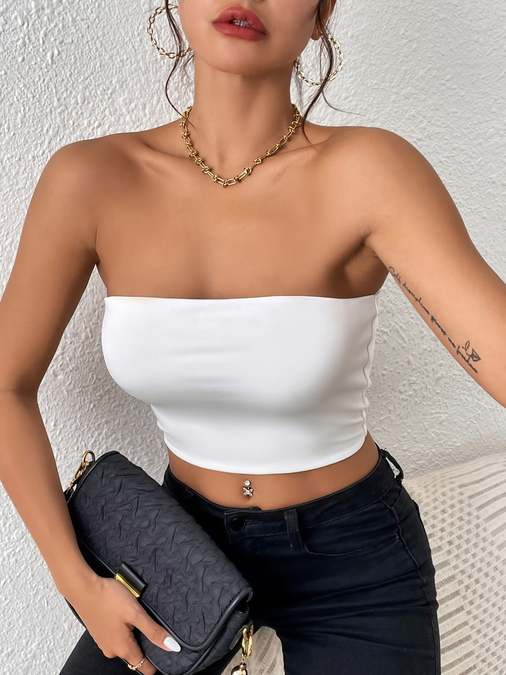 Haut tube basique uni, haut court sexy sans manches extensible, vêtements pour femmes