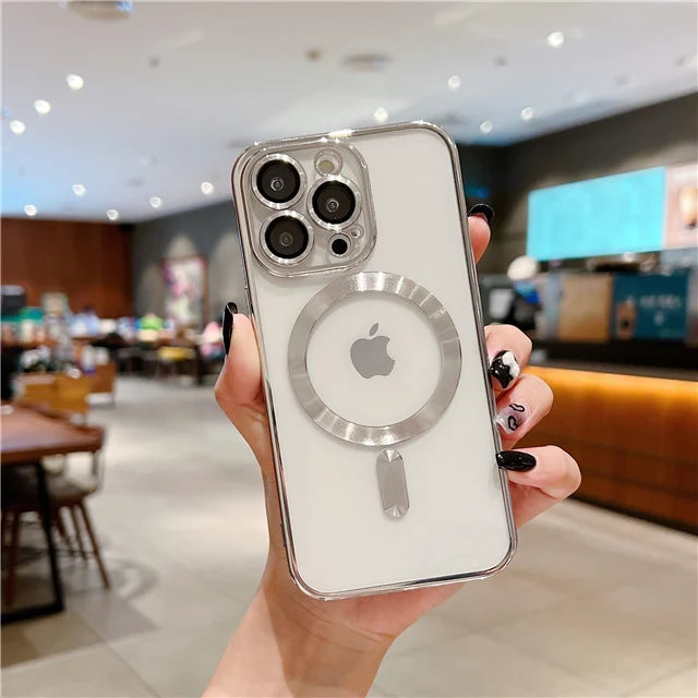 For iPhone 15 16 Pro Max Luxury Magsafe Magnetic Plating Frame Transparent Phone Case For iPhone 11 12 13 14 Plus 17 Air Cover