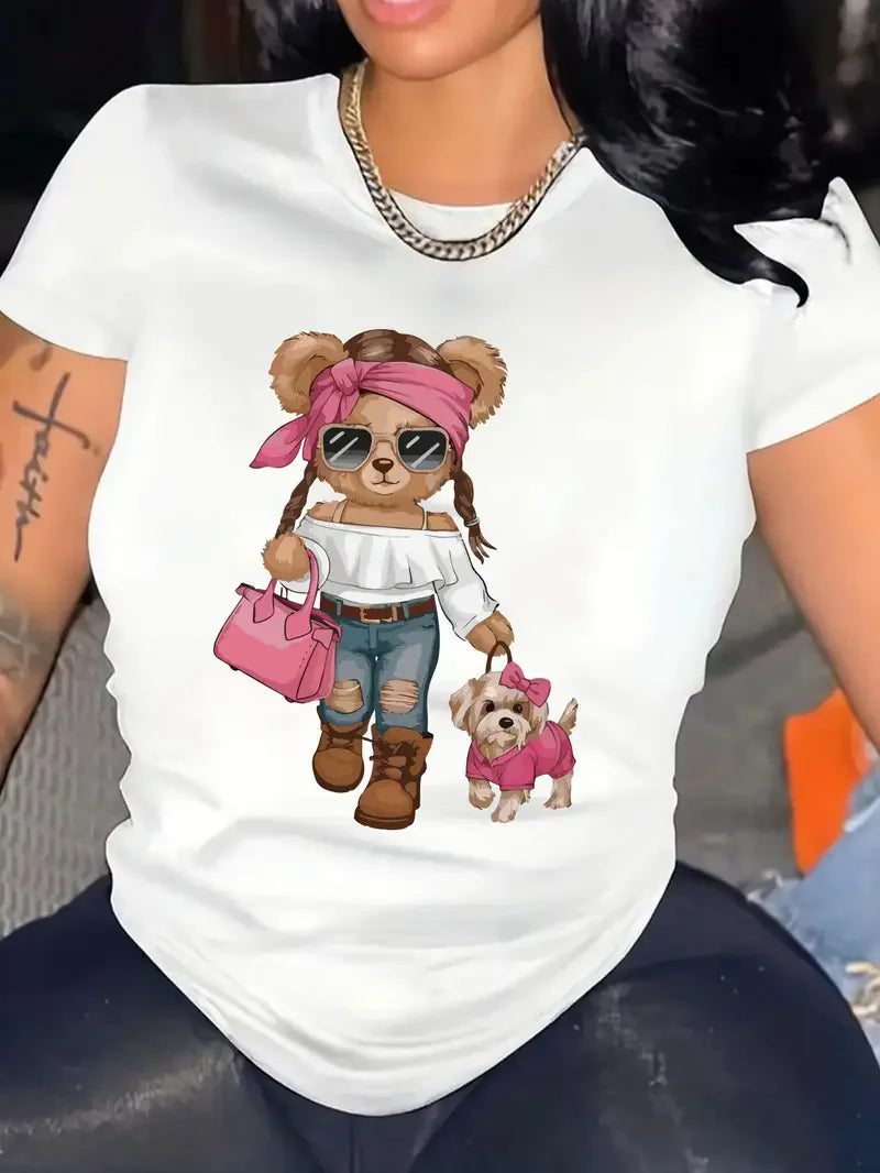Y2k T Shirt Bear Kawaii Print T-shirt Short Sleeve Crew Neck Casual Top for Summer Spring Women's Clothing Top Tee