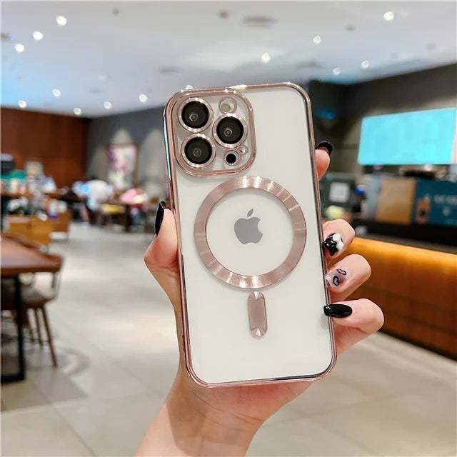 For iPhone 15 16 Pro Max Luxury Magsafe Magnetic Plating Frame Transparent Phone Case For iPhone 11 12 13 14 Plus 17 Air Cover