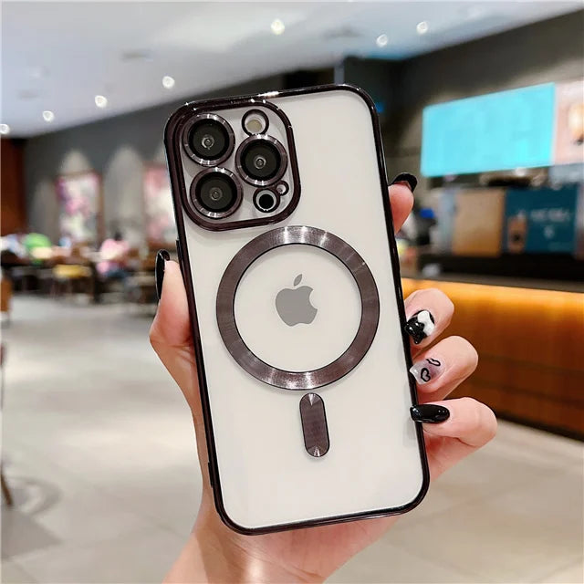 For iPhone 15 16 Pro Max Luxury Magsafe Magnetic Plating Frame Transparent Phone Case For iPhone 11 12 13 14 Plus 17 Air Cover