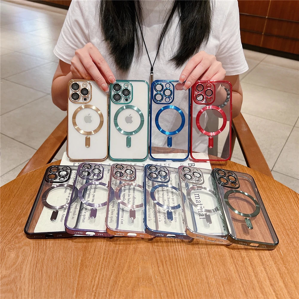 For iPhone 15 16 Pro Max Luxury Magsafe Magnetic Plating Frame Transparent Phone Case For iPhone 11 12 13 14 Plus 17 Air Cover