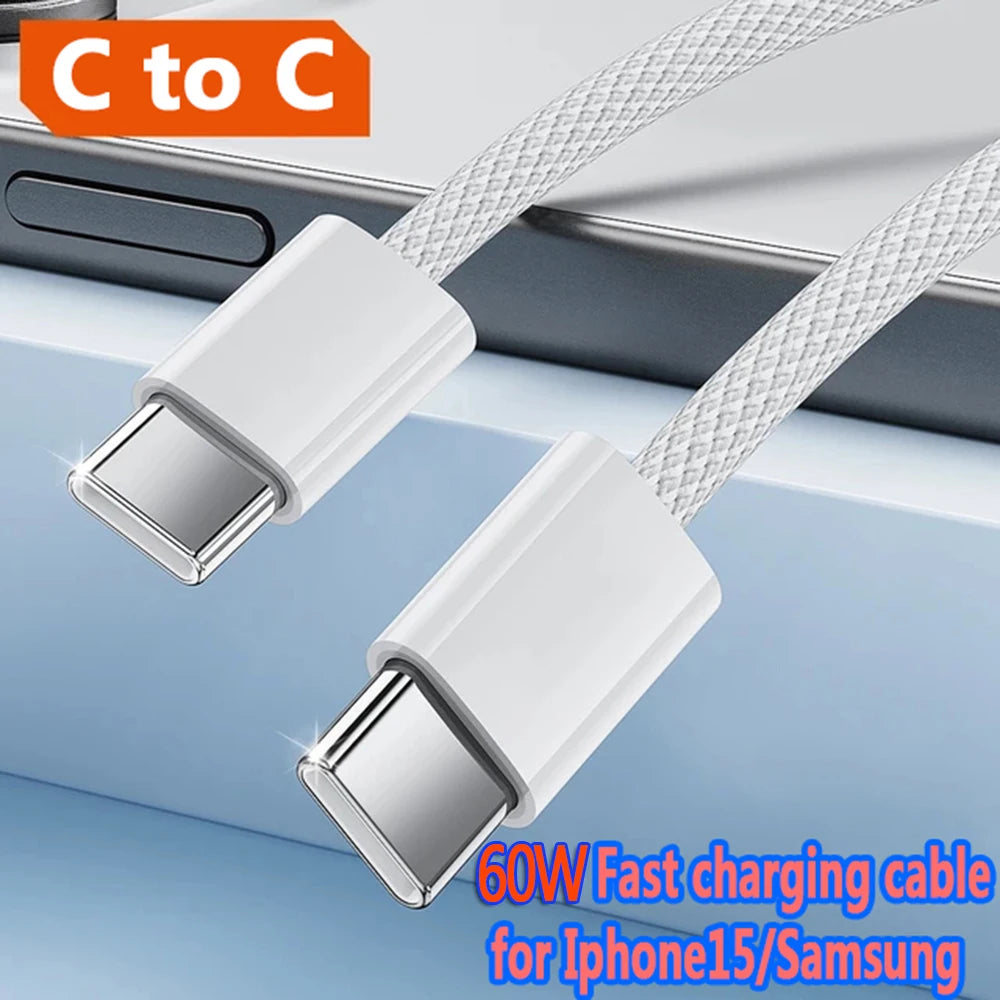 Câble de données USB C vers Type C pour téléphone portable, charge rapide PD 60 W, câble de chargeur tressé pour iPhone 15, Android, Samsung (1 pièce, 2 pièces, 3 pièces)