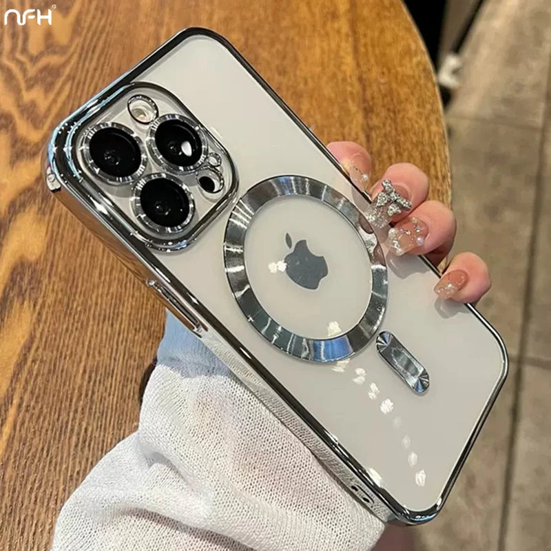 For iPhone 15 16 Pro Max Luxury Magsafe Magnetic Plating Frame Transparent Phone Case For iPhone 11 12 13 14 Plus 17 Air Cover