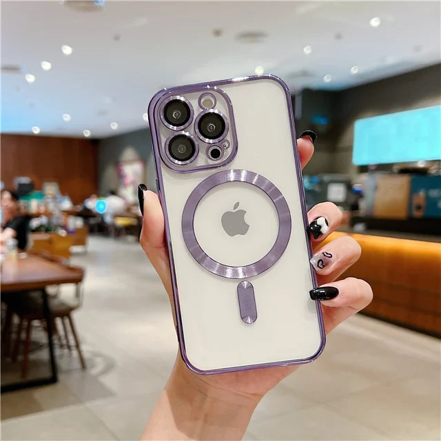 For iPhone 15 16 Pro Max Luxury Magsafe Magnetic Plating Frame Transparent Phone Case For iPhone 11 12 13 14 Plus 17 Air Cover