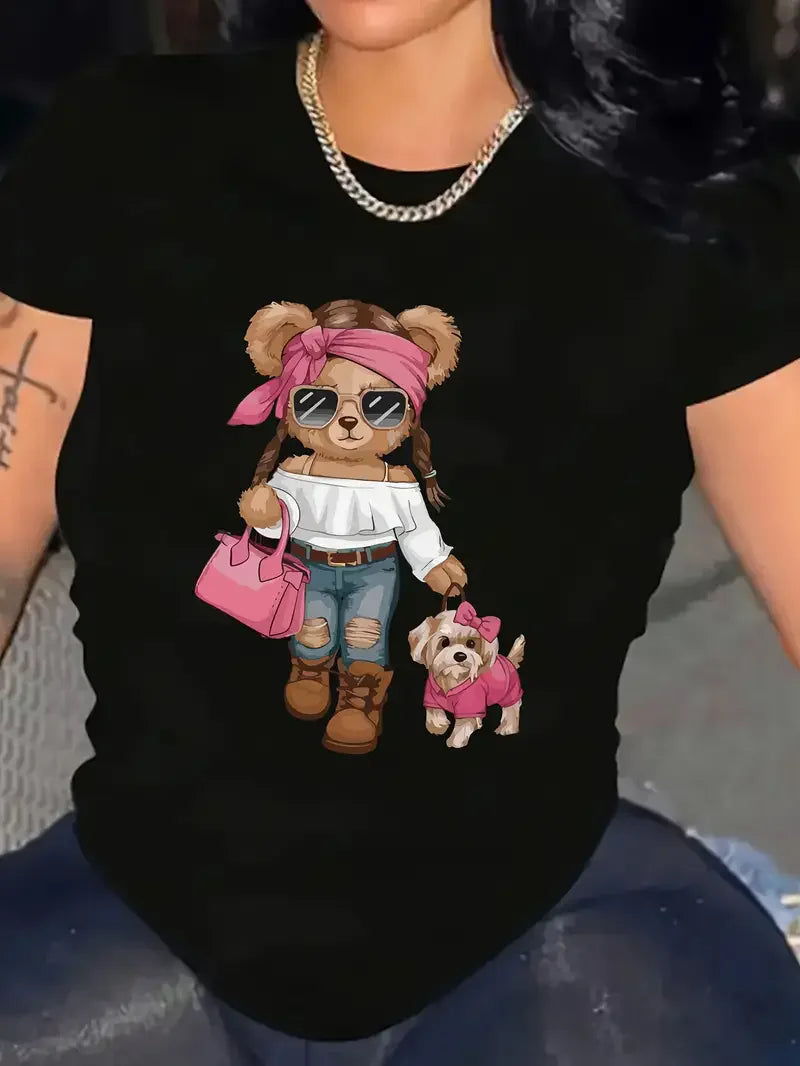 Y2k T Shirt Bear Kawaii Print T-shirt Short Sleeve Crew Neck Casual Top for Summer Spring Women's Clothing Top Tee