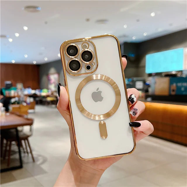 For iPhone 15 16 Pro Max Luxury Magsafe Magnetic Plating Frame Transparent Phone Case For iPhone 11 12 13 14 Plus 17 Air Cover
