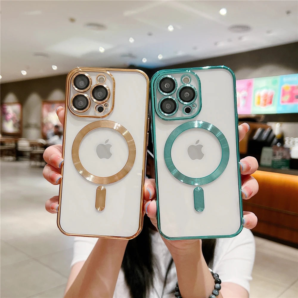 For iPhone 15 16 Pro Max Luxury Magsafe Magnetic Plating Frame Transparent Phone Case For iPhone 11 12 13 14 Plus 17 Air Cover