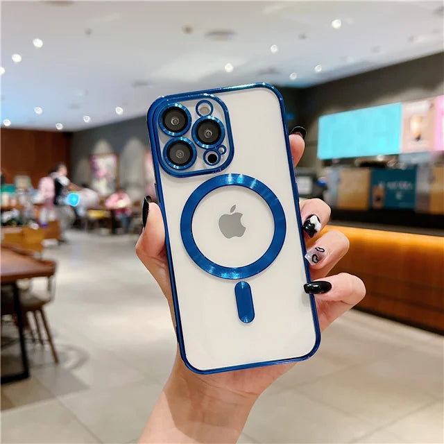 For iPhone 15 16 Pro Max Luxury Magsafe Magnetic Plating Frame Transparent Phone Case For iPhone 11 12 13 14 Plus 17 Air Cover