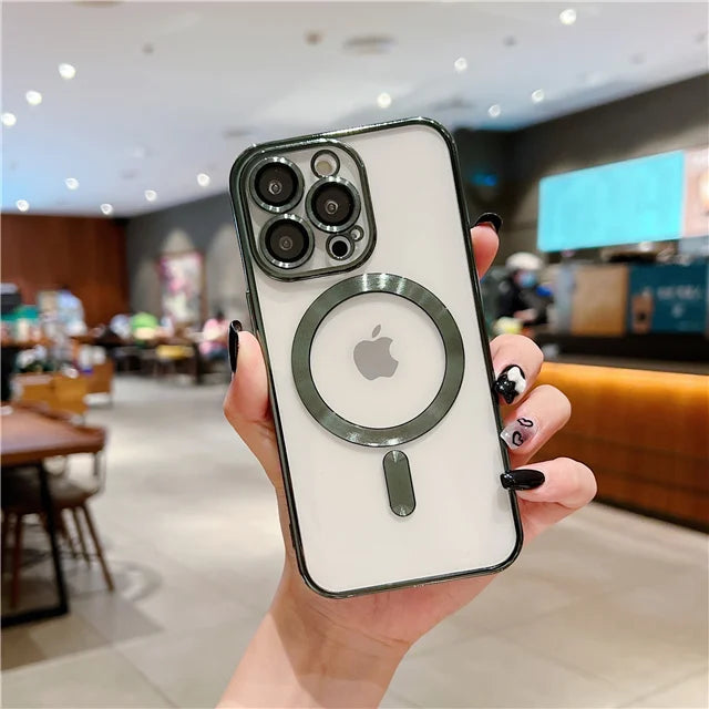 For iPhone 15 16 Pro Max Luxury Magsafe Magnetic Plating Frame Transparent Phone Case For iPhone 11 12 13 14 Plus 17 Air Cover