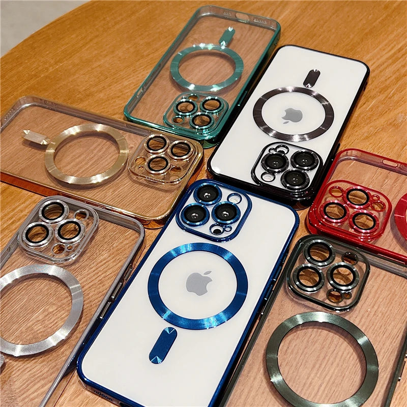 For iPhone 15 16 Pro Max Luxury Magsafe Magnetic Plating Frame Transparent Phone Case For iPhone 11 12 13 14 Plus 17 Air Cover