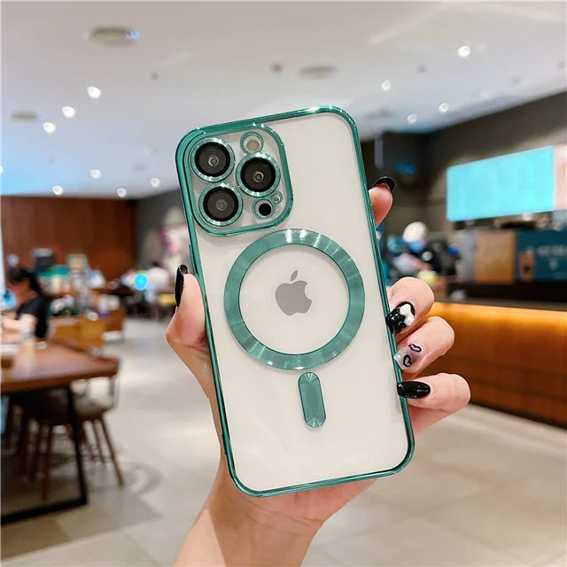 For iPhone 15 16 Pro Max Luxury Magsafe Magnetic Plating Frame Transparent Phone Case For iPhone 11 12 13 14 Plus 17 Air Cover