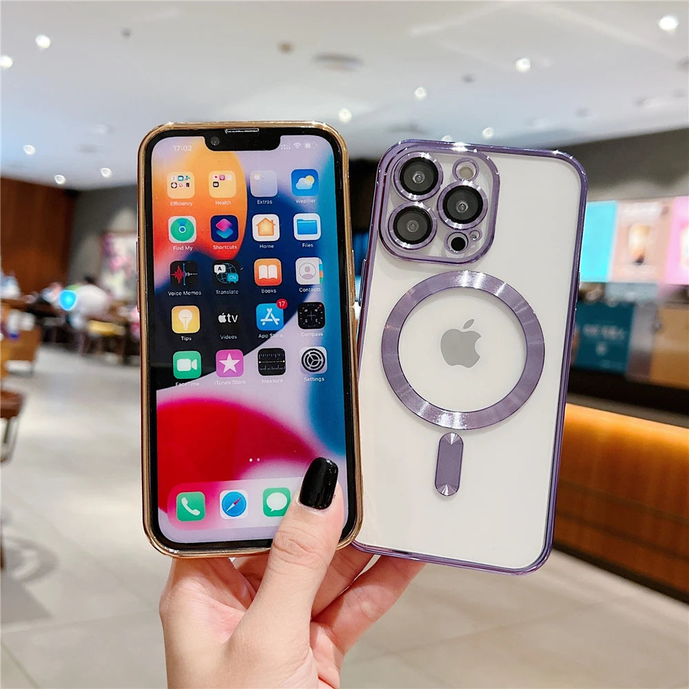 For iPhone 15 16 Pro Max Luxury Magsafe Magnetic Plating Frame Transparent Phone Case For iPhone 11 12 13 14 Plus 17 Air Cover