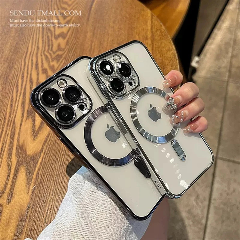 For iPhone 15 16 Pro Max Luxury Magsafe Magnetic Plating Frame Transparent Phone Case For iPhone 11 12 13 14 Plus 17 Air Cover