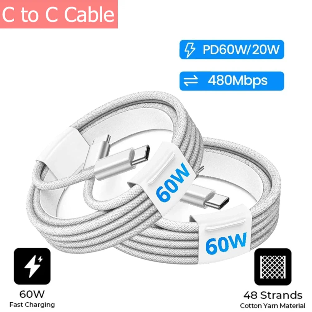 Câble de données USB C vers Type C pour téléphone portable, charge rapide PD 60 W, câble de chargeur tressé pour iPhone 15, Android, Samsung (1 pièce, 2 pièces, 3 pièces)