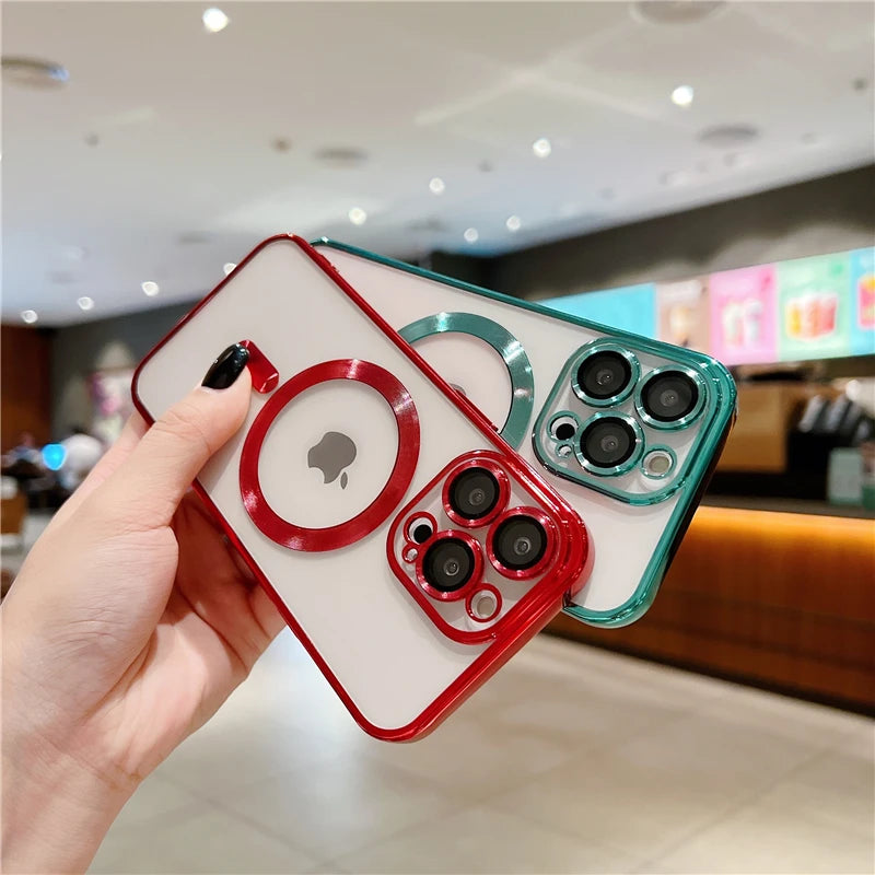 For iPhone 15 16 Pro Max Luxury Magsafe Magnetic Plating Frame Transparent Phone Case For iPhone 11 12 13 14 Plus 17 Air Cover