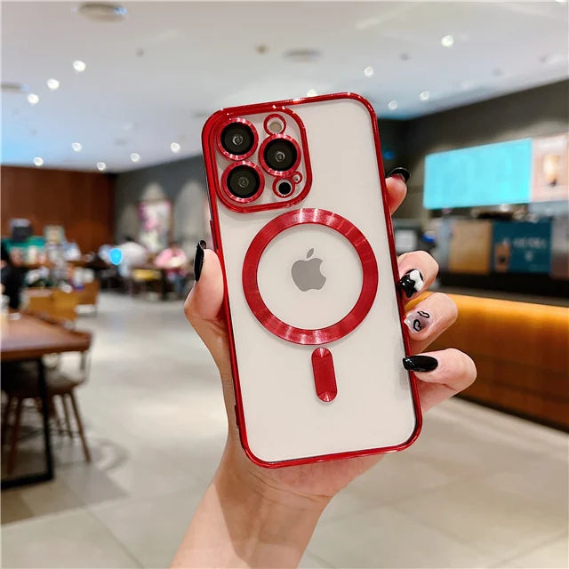 For iPhone 15 16 Pro Max Luxury Magsafe Magnetic Plating Frame Transparent Phone Case For iPhone 11 12 13 14 Plus 17 Air Cover