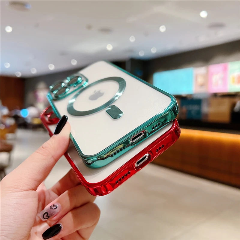 For iPhone 15 16 Pro Max Luxury Magsafe Magnetic Plating Frame Transparent Phone Case For iPhone 11 12 13 14 Plus 17 Air Cover