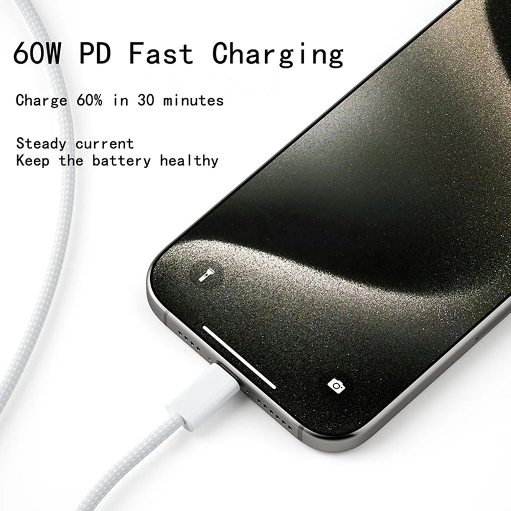 Usb C to Type C Mobile Phone Data Cable Fast Charging PD 60W Braided Charger Cable For Iphone 15 Android Samsung 1Pcs 2Pcs 3Pcs