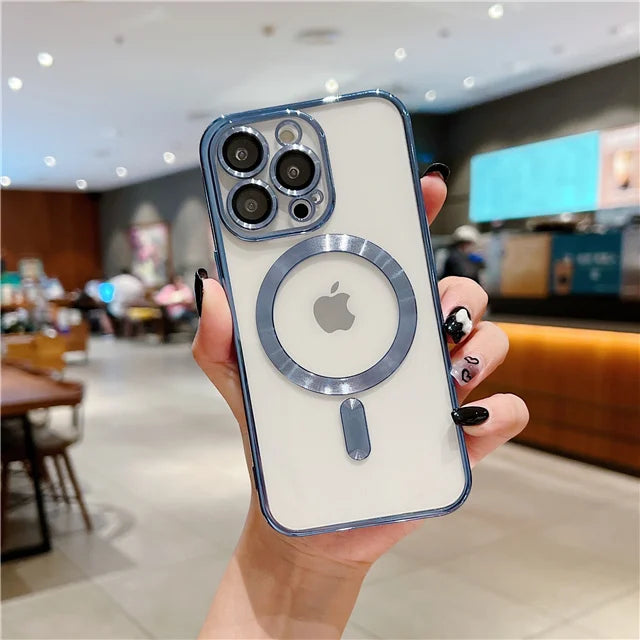For iPhone 15 16 Pro Max Luxury Magsafe Magnetic Plating Frame Transparent Phone Case For iPhone 11 12 13 14 Plus 17 Air Cover