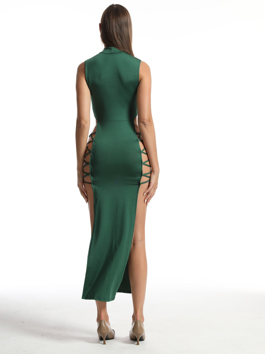 Robe sans manches à ourlet fendu croisé, style col montant, vêtements pour femme