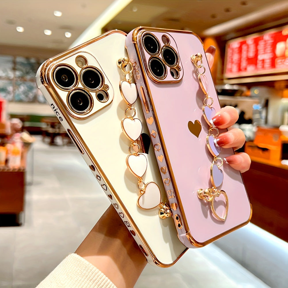 Étui de protection complet en TPU pour iPhone 15/14/13/12/11 Pro Max avec bracelet en forme de cœur et dragonne - Élégant et durable