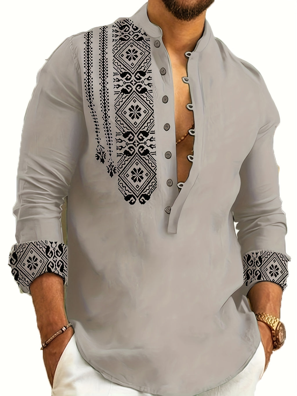 Chemises Henley à manches longues pour hommes, style ethnique, tendance, motifs géométriques, confortables, respirantes, décontractées et légèrement extensibles. Vêtements pour hommes